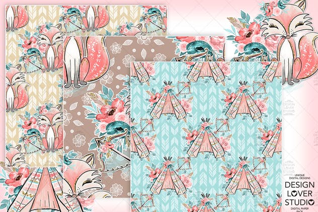 波西米亚风格狐狸无缝图案设计素材 Boho Fox digital paper pack插图(1)