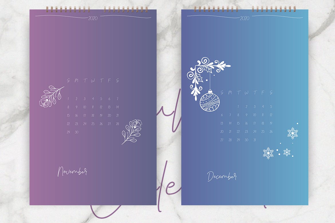 2020年简约植物手绘图案日历表设计模板 Wall Calendar 2020 Layout插图(7)