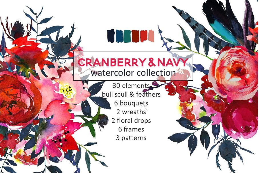 红色海军蓝波希米亚水彩花卉剪贴画 Red Navy Boho Watercolor Flowers插图(1)