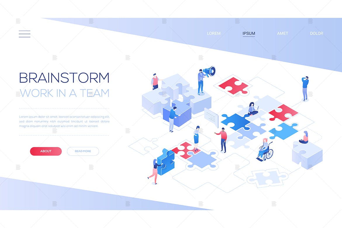 头脑风暴&团队合作线条艺术设计风格网站Banner设计插画素材 Brainstorm and teamwork – isometric web banner插图