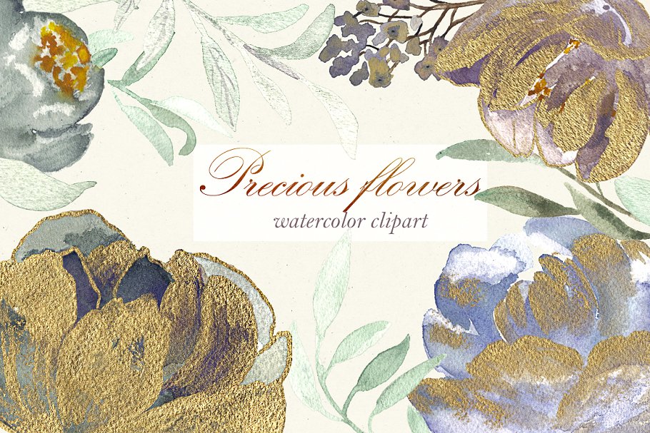 奢华手绘水彩黄金牡丹剪贴画 Precious flowers. Watercolor gold插图