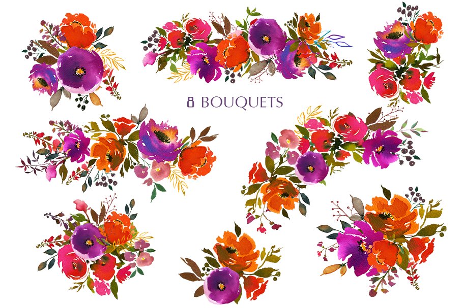 水彩花卉剪辑艺术（图形、纹理、纸张…） Carousel Watercolor Floral Clip Art插图(1)