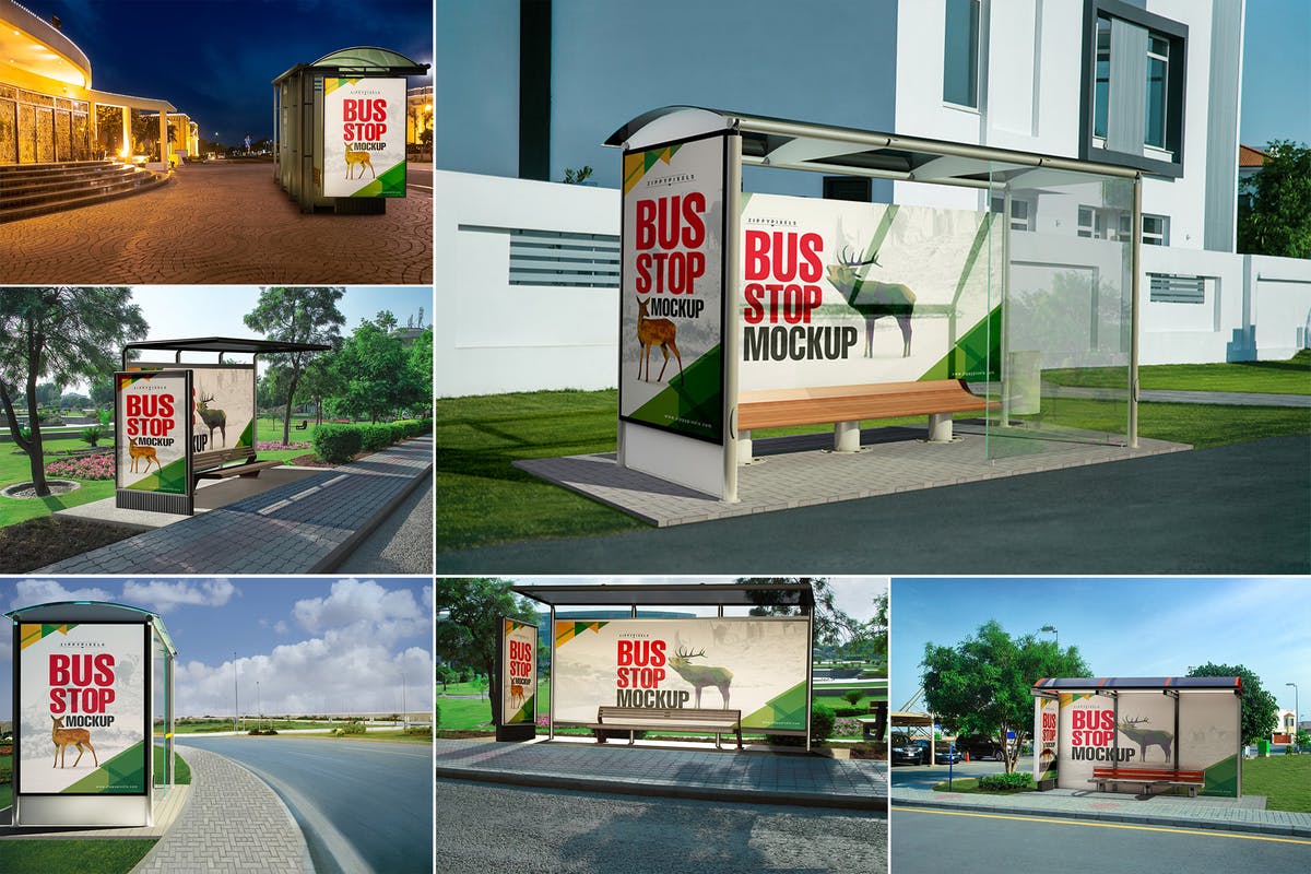 巴士公交站台灯箱广告牌样机 Bus Stand Mockups插图