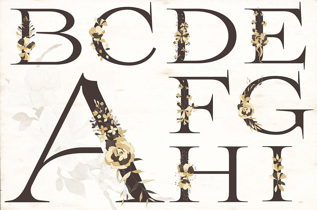 东方特色黑金配色风格字母&花卉手绘剪贴画素材库精选PNG素材 Black and Gold Eastern Design Set插图(10)