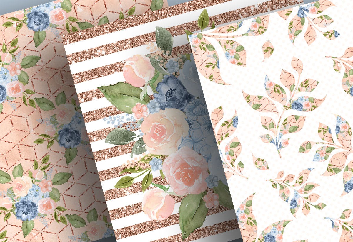 蓝色桃色水彩手绘图案数码纸张设计素材 Watercolor Blue Peach digital paper pack插图(4)
