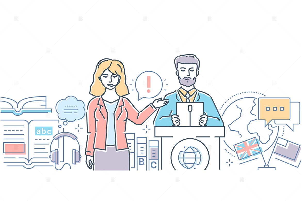 现场翻译主题线条设计风格矢量插画素材库精选 Translation – modern line design style web banner插图