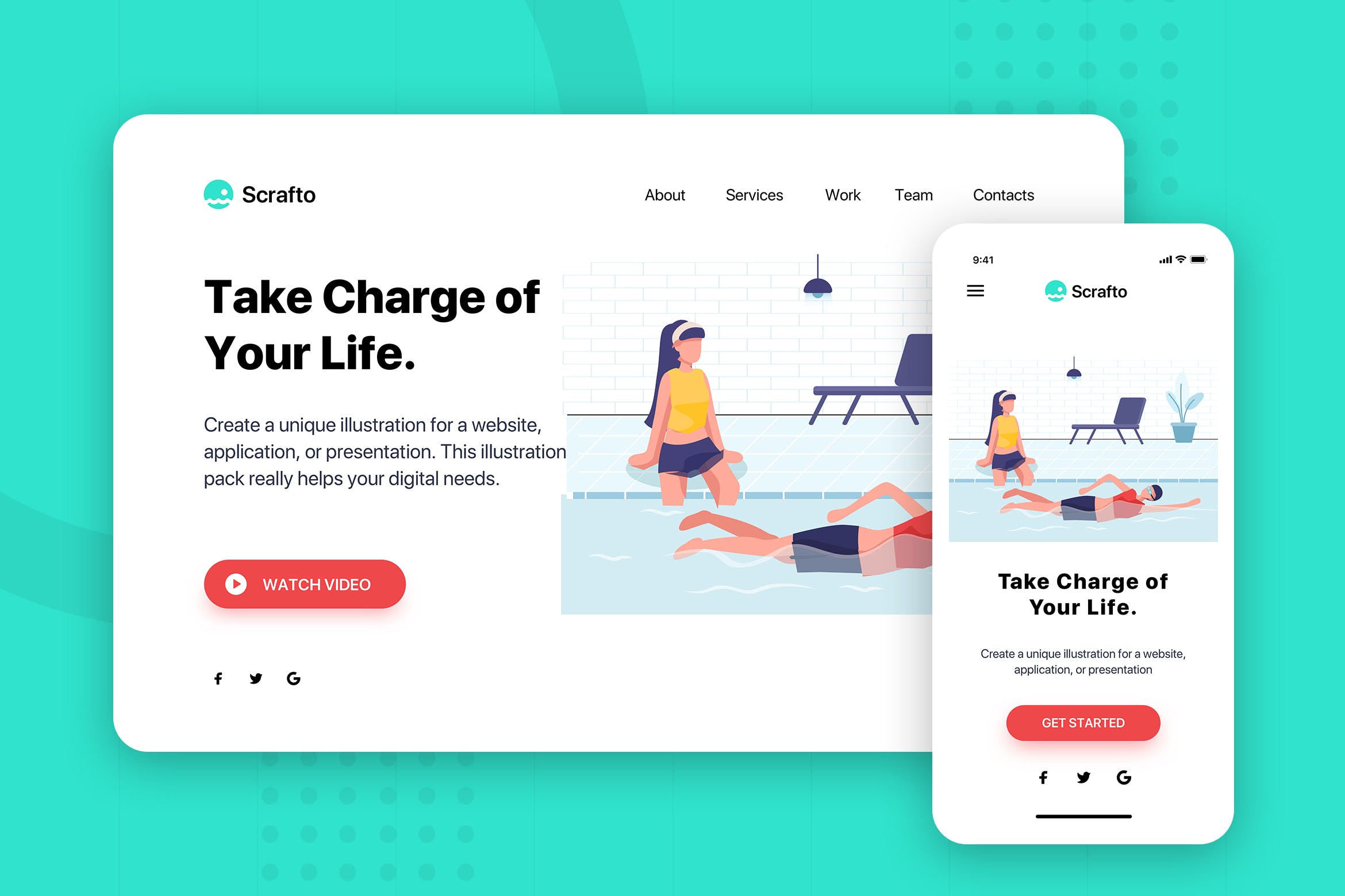 游泳/游泳池主题网站Banner&着陆页设计插画素材 Scrafto – Banner & Landing Page插图