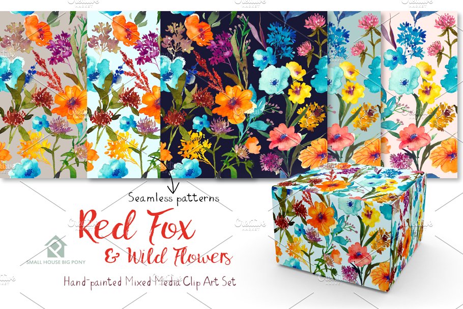 红狐与野花水彩剪贴画 Red Fox and Wild Flowers插图(4)