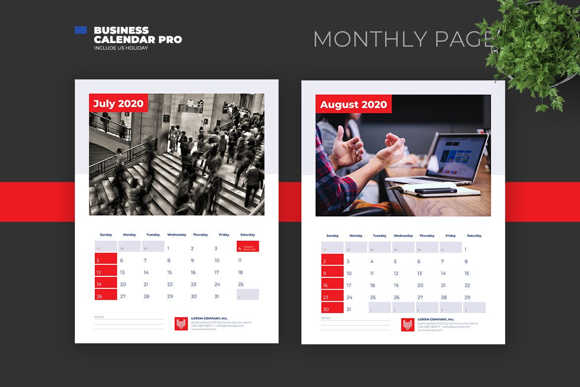 简约商务设计风格2020年日历表设计模板v1 2020 Clean Business Calendar with US Holiday插图(6)