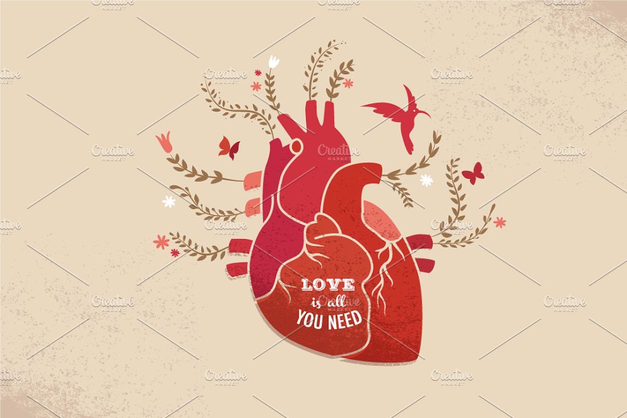 心花怒放的爱情背景  Love background with heart & flowers插图