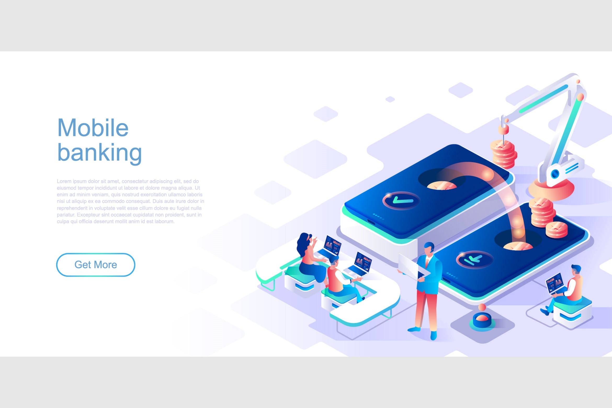 手机银行主题网站设计等距素材库精选概念插画 Mobile Banking Isometric Flat Concept Header插图