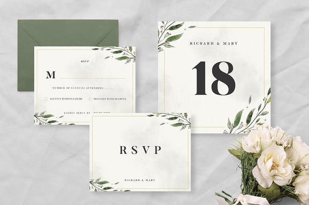 水彩叶子婚礼邀请函设计套装 Watercolor Leaf Wedding Invitation Suite插图(2)