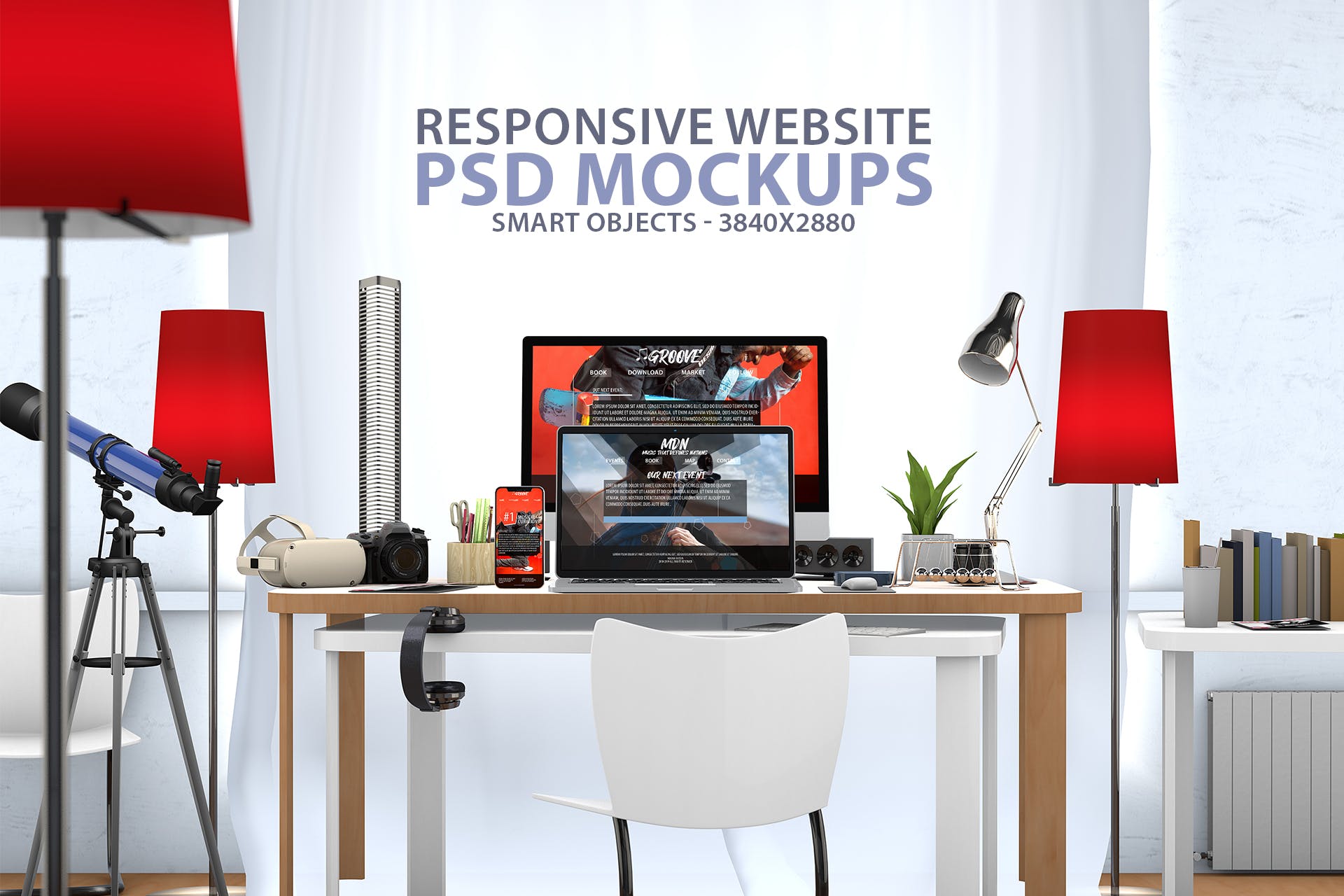 创意办公桌面响应式设计效果图预览素材库精选样机 Responsive Website PSD Mock-up Desk插图