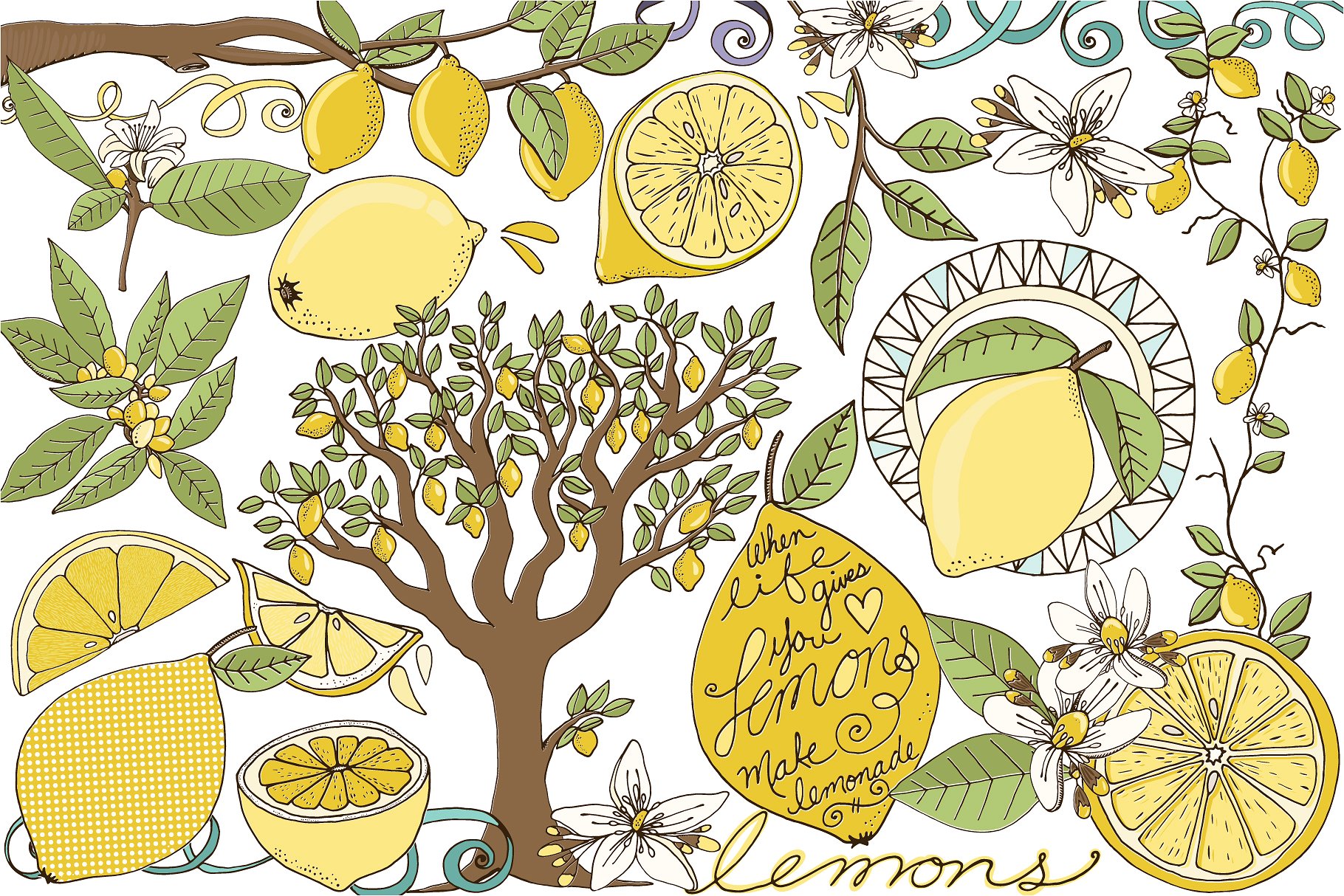 新鲜夏天柠檬插图合集 Lemons, Summer Fruit Illustrations插图