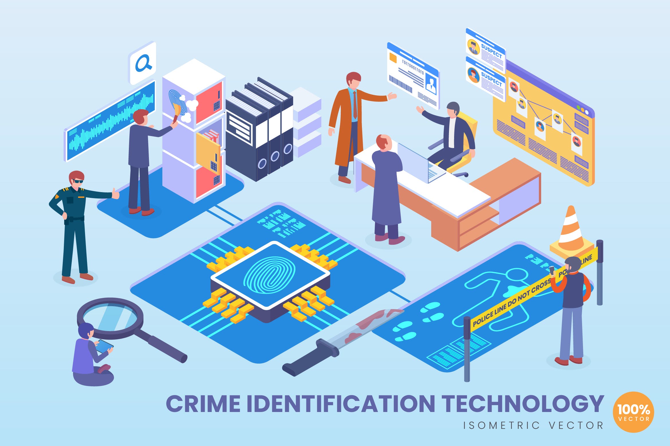 犯罪识别技术等距矢量素材库精选科技概念插画v2 Isometric Crime Identification Technology Vector插图