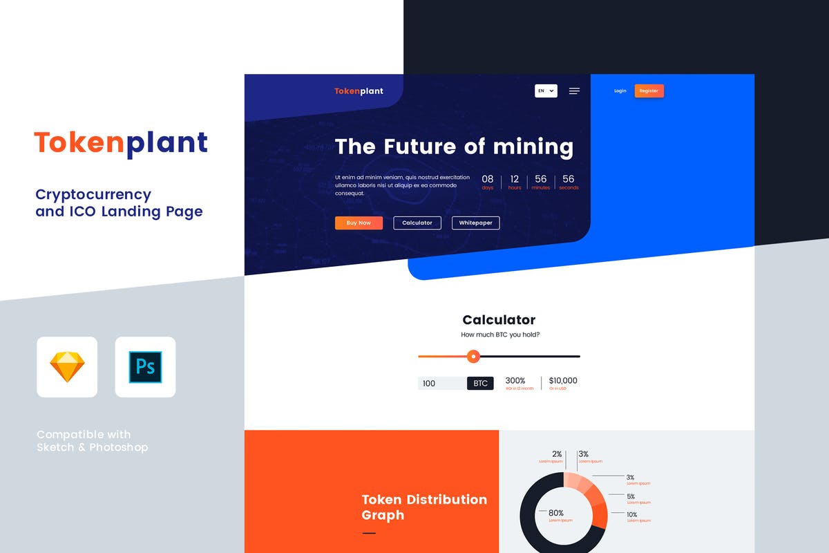 加密货币&ICO主题网站着陆页设计PSD＆SKETCH模板 Cryptocurrency and ICO Landing Page (PSD + Sketch)插图