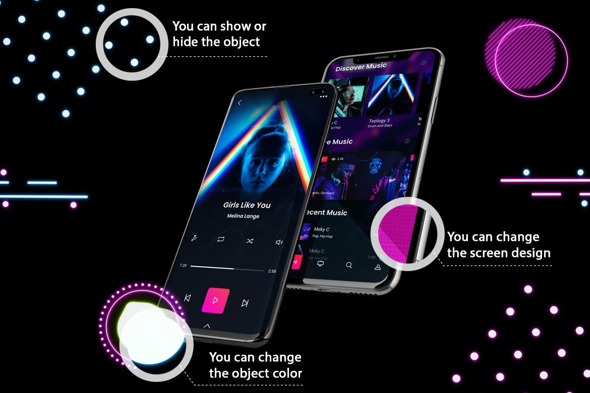 高质量霓虹灯风格iOS/Android手机样机模板 Neon IOS & Android插图(1)