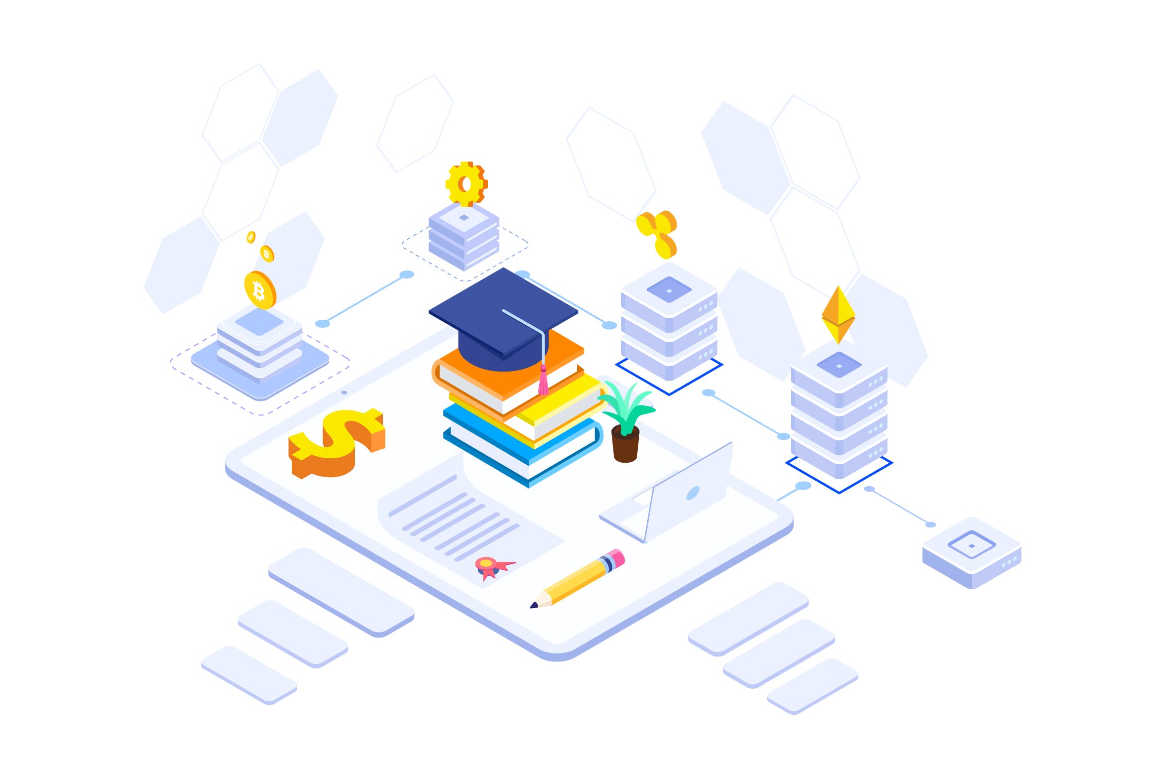 教育基金区块链平台等距概念插画v2 Education Fund Blockchain Platform Isometric – FV插图