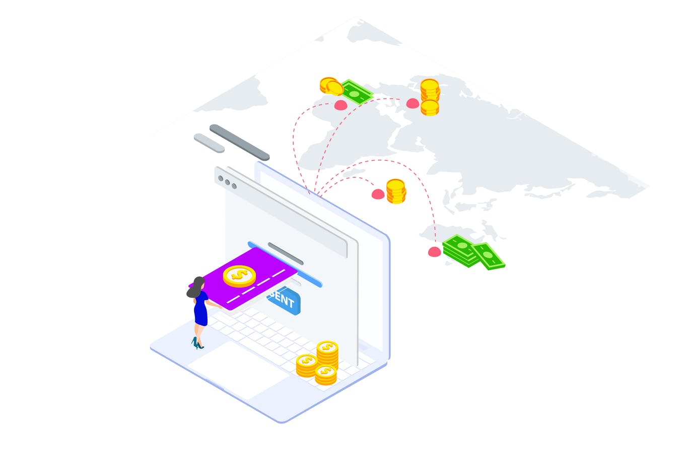 国际支付金融业务场景等距概念插画v3 Internation Payments by Finance Isometric – FV插图