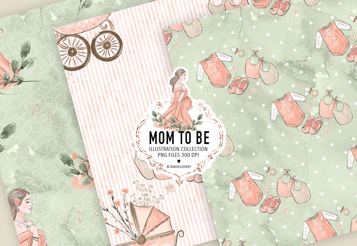 母婴新生儿主题数码纸张图案设计背景素材 Mom to be Maternity digital paper pack插图(1)