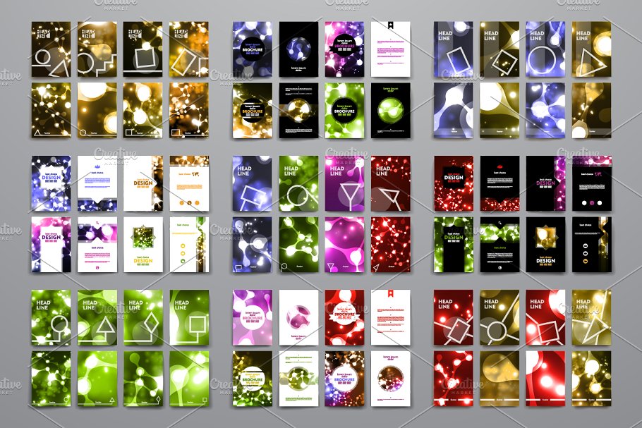 一组炫目霓虹灯图形小册子模板 Big Set of Neon Structure Brochures插图