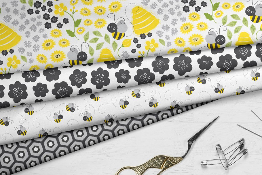 宝贝蜜蜂几何无缝矢量图案 Baby Bees Seamless Patterns插图(1)