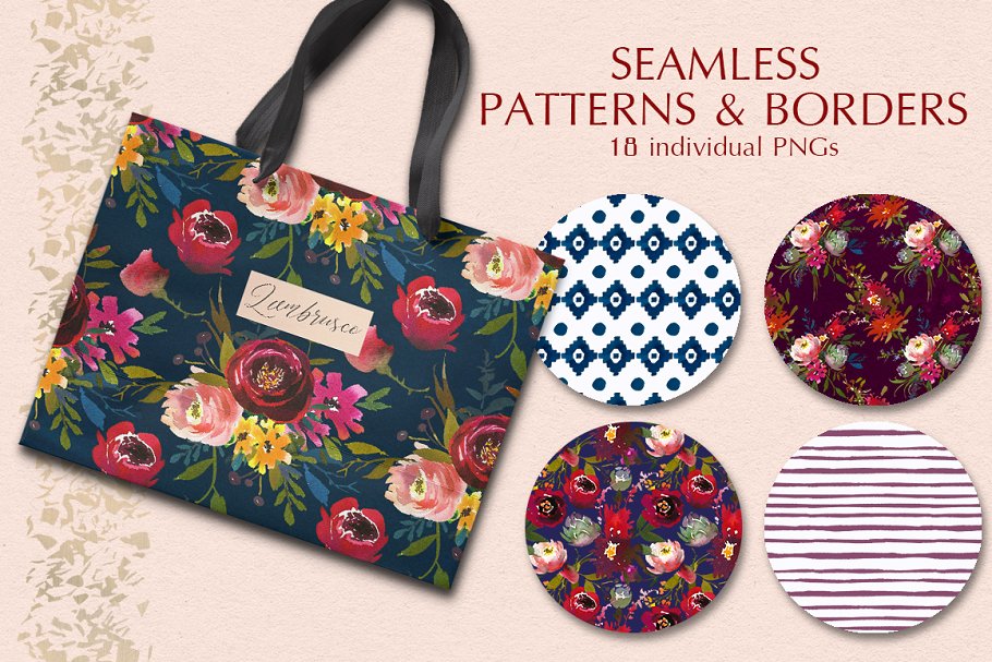 波尔多水彩花卉艺术设计素材 Bordo Watercolor Floral Clip Art Set插图(5)