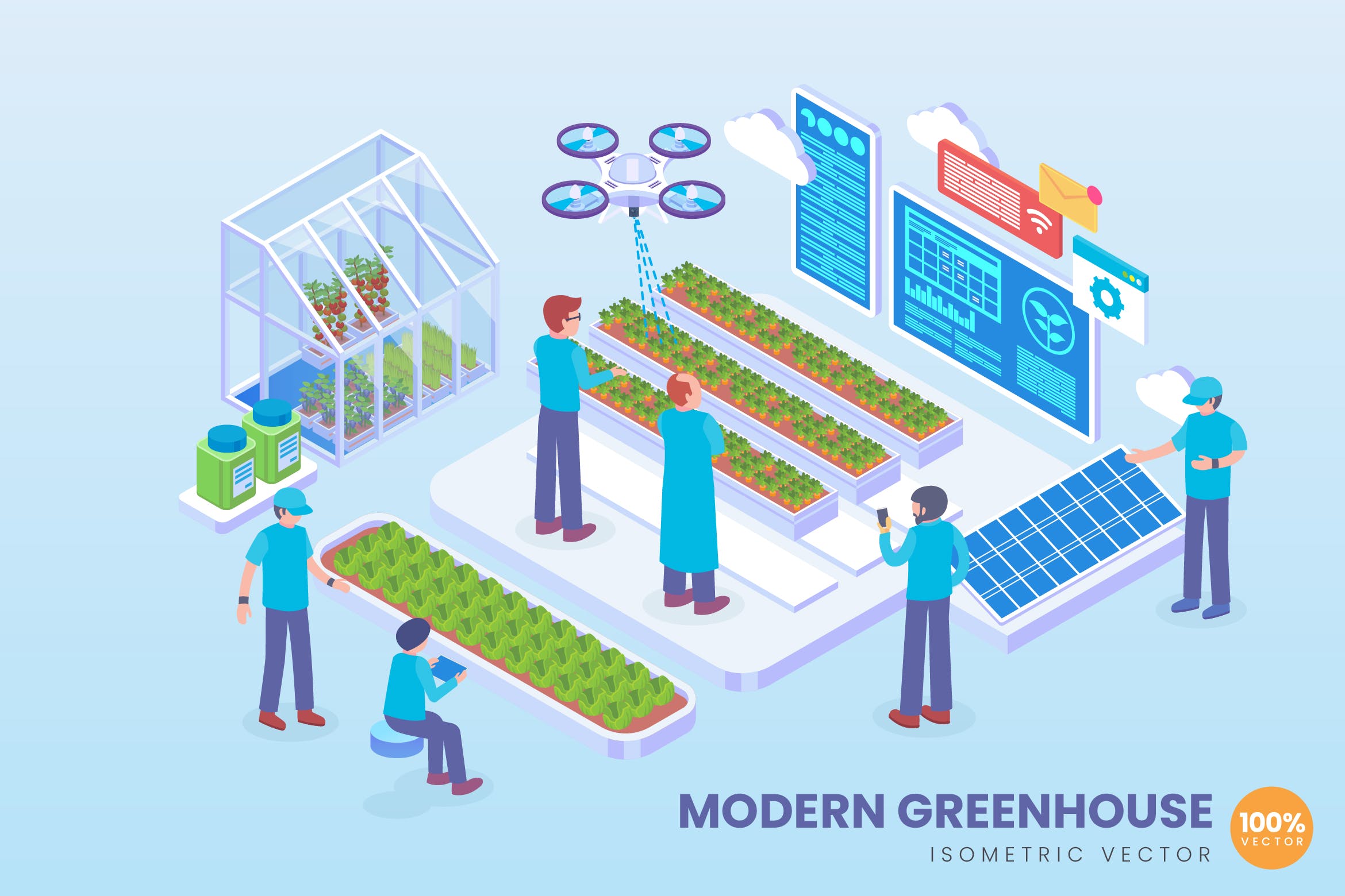 现代温室科技技术主题等距矢量素材库精选概念插画素材 Isometric Modern Greenhouse Technology Vector插图