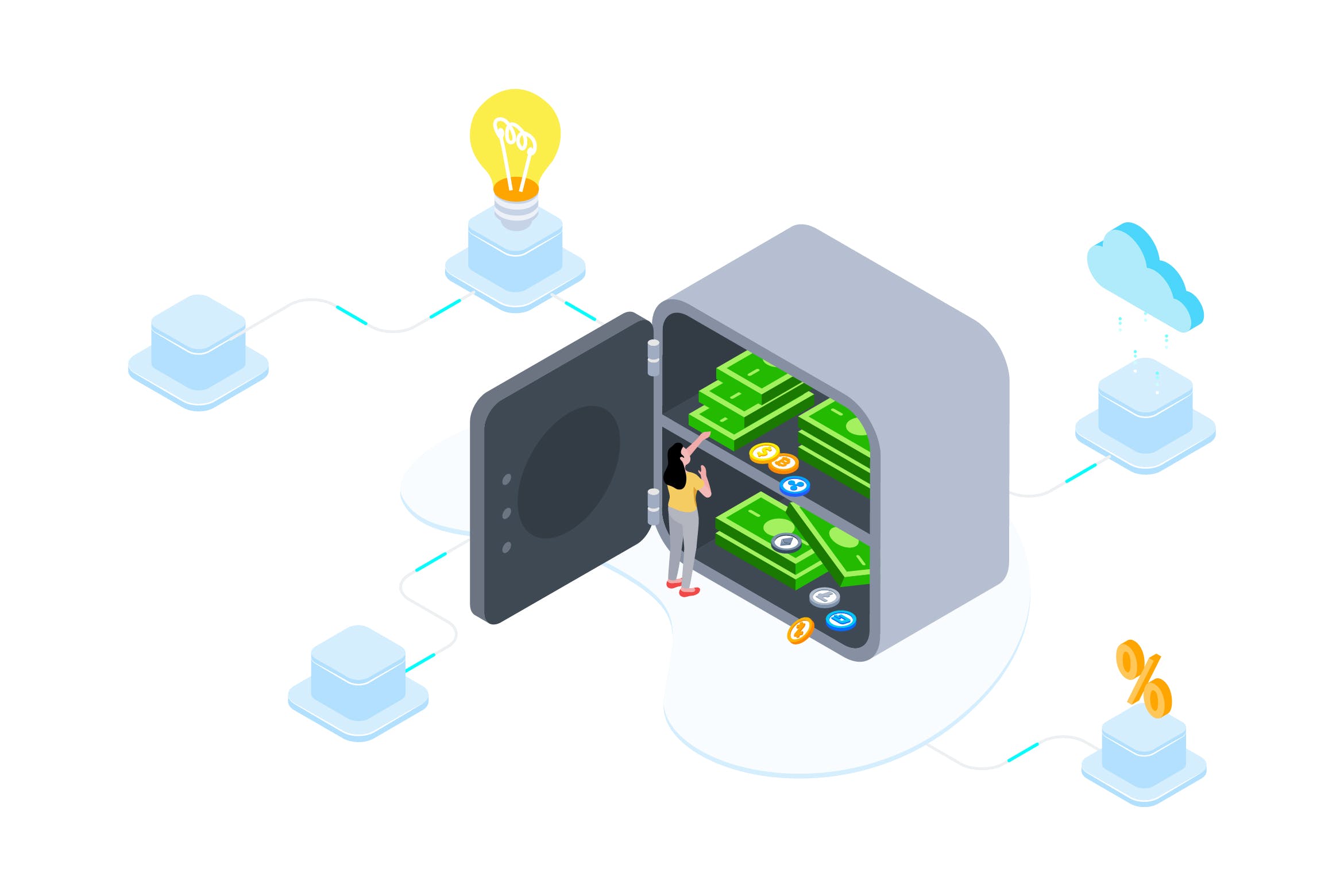 区块链金融印花存款概念插画素材v3 Saving Money on Blockchain Isometric  3 – TU插图