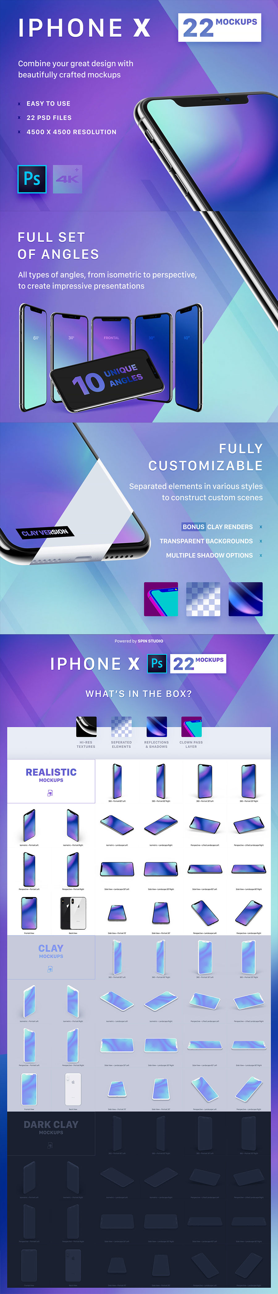 素材库下午茶：22个多角度iPhone X展示模型Mockups下载[PSD,4K级,黑白灰三色]