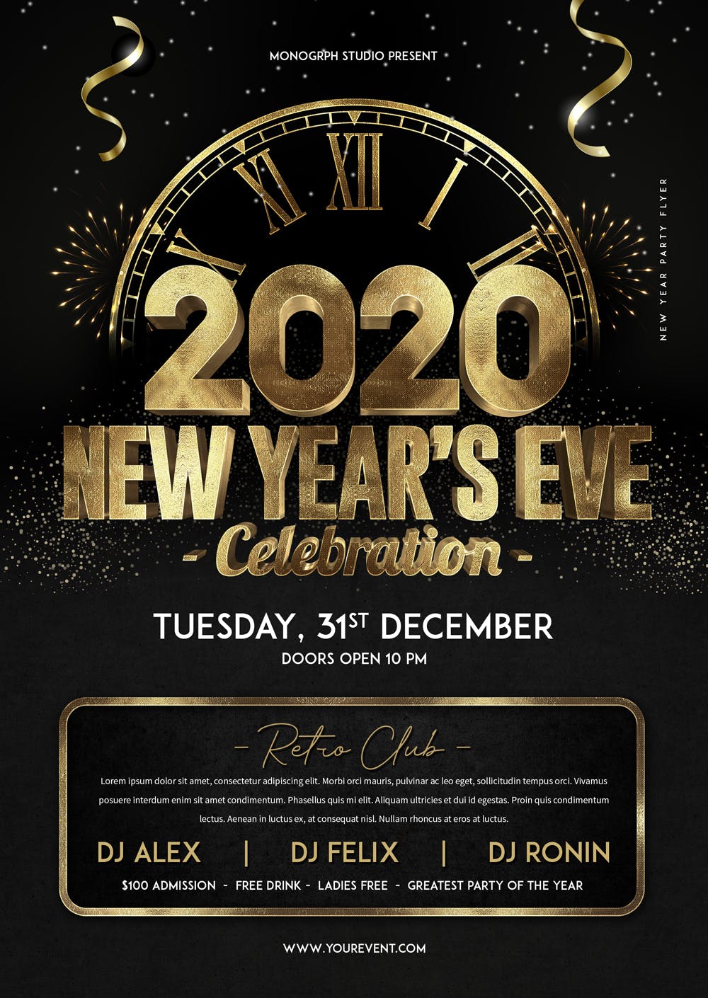 黄金立体字特效新年前夜倒计时活动海报传单素材库精选PSD模板 New Year Party Flyer插图(1)