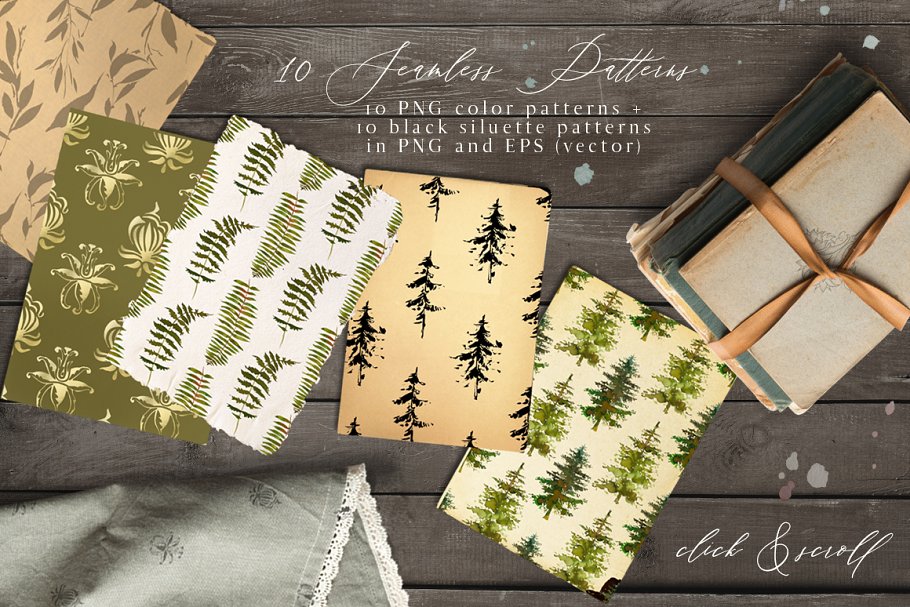 绿色森林水彩图案剪切画集合 Forest – Green Watercolor Bundle插图(15)