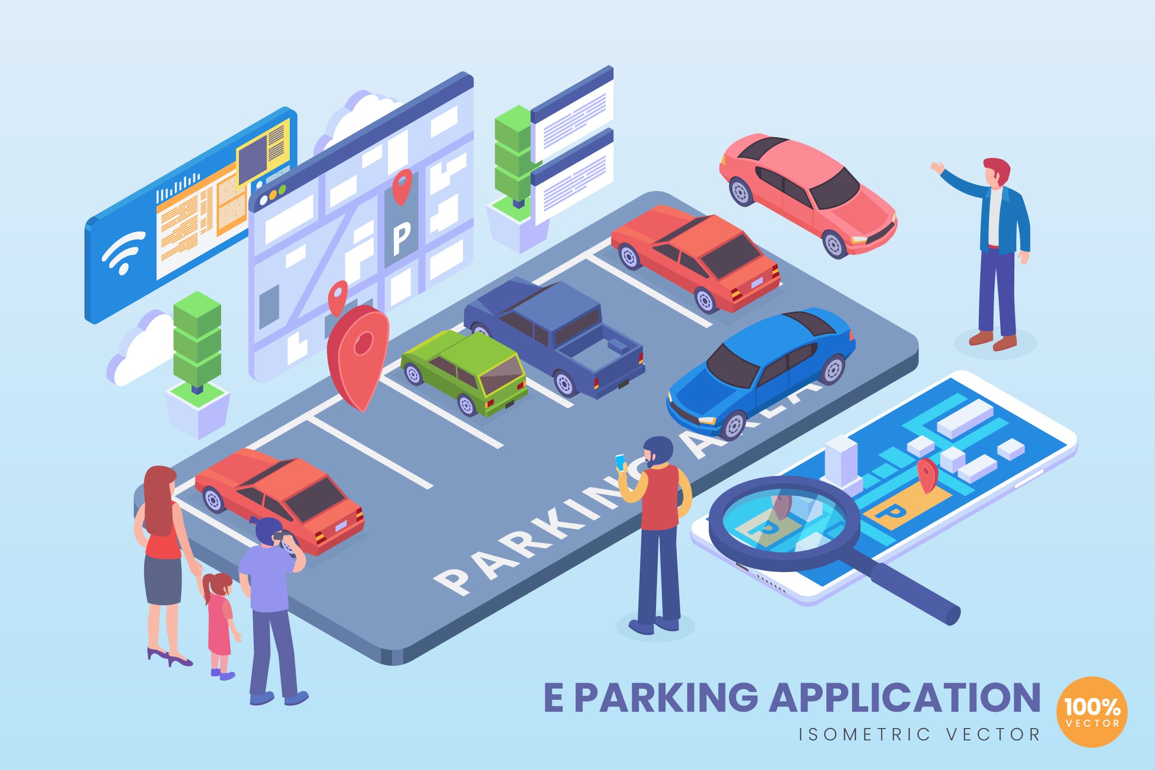 创新停车应用等距矢量素材库精选科技概念插画 Isometric E Parking Application Vector Concept插图