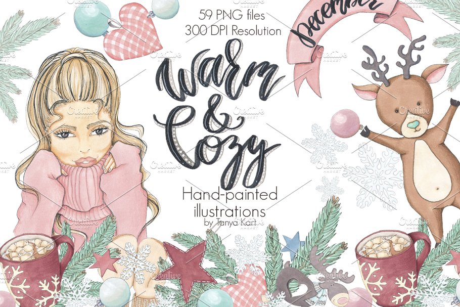 冬季圣诞节主题手绘插画套装 Winter Christmas Hand-painted Kit插图