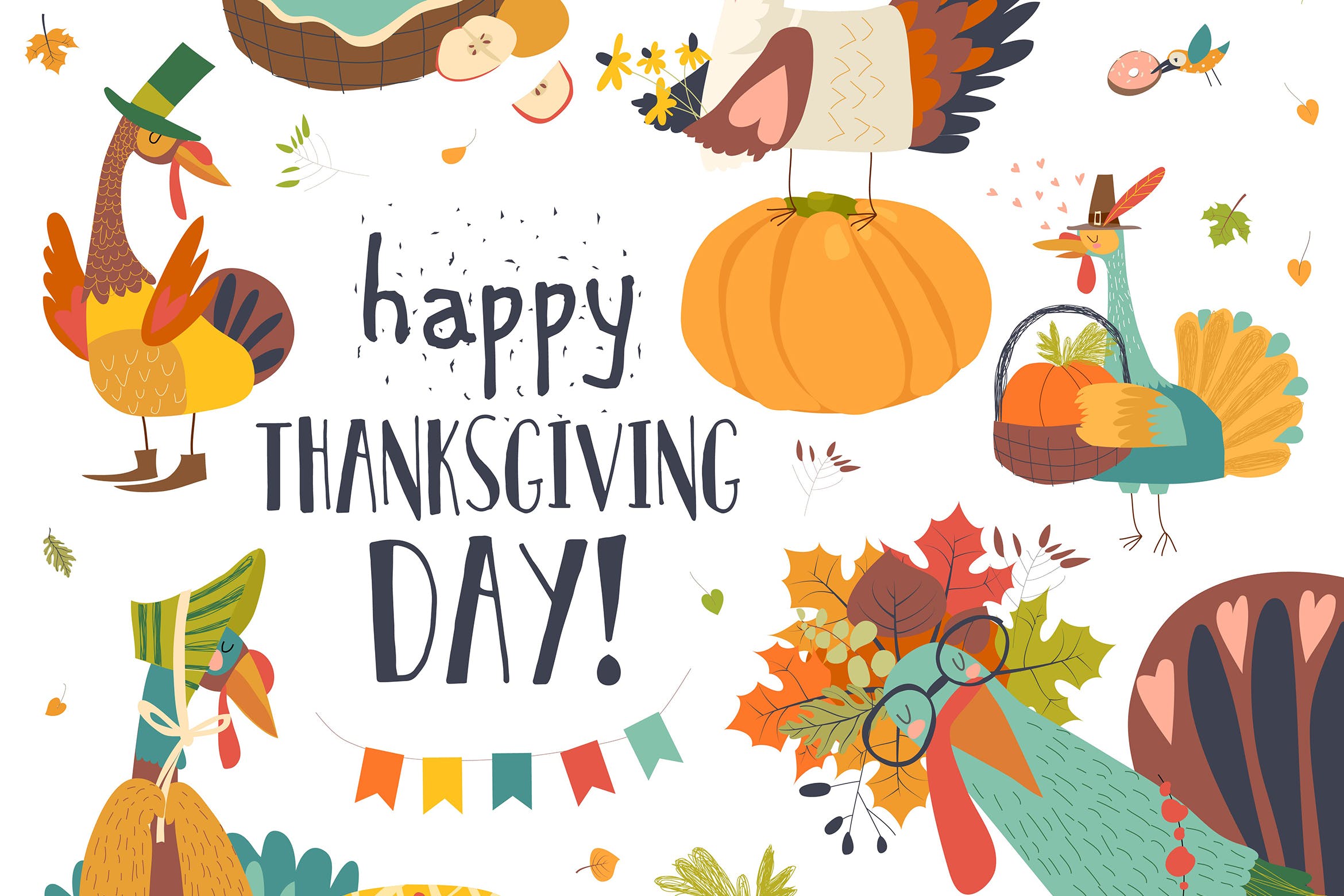 感恩节主题设计矢量手绘设计素材 Funny turkeys with Thanksgiving theme on white bac插图