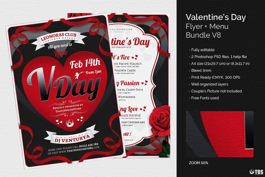 情人节主题传单活动目录PSD模板v8 Valentines Day Flyer+Menu PSD V8插图(1)