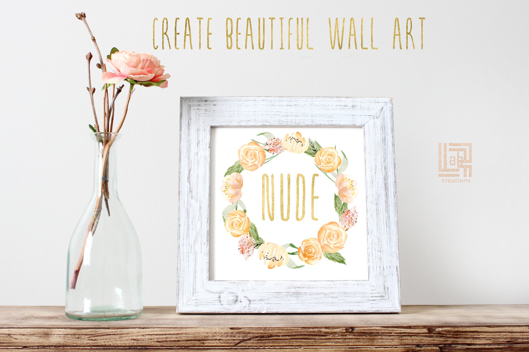 裸色与黄金水彩花卉剪贴画 Nude & gold. Watercolor clipart插图(9)