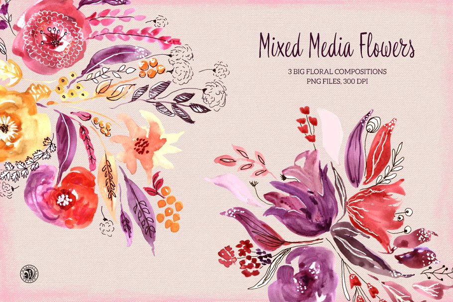 华丽感水彩玫瑰花卉剪贴画 Mixed Media Flowers插图