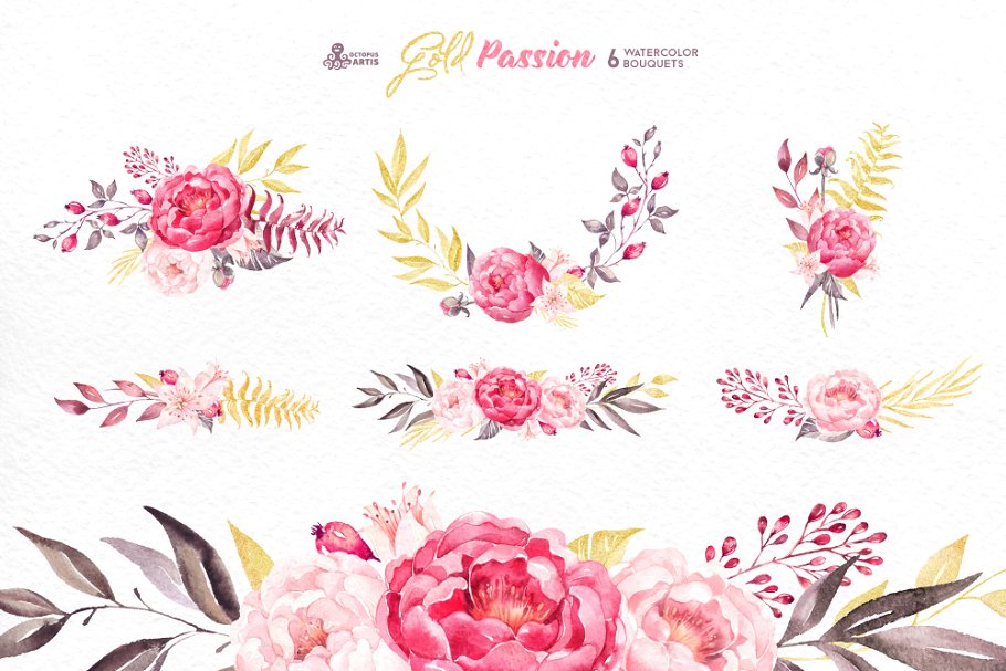 激情黄金花卉水彩插画集 Gold Passion. Floral collection插图(1)