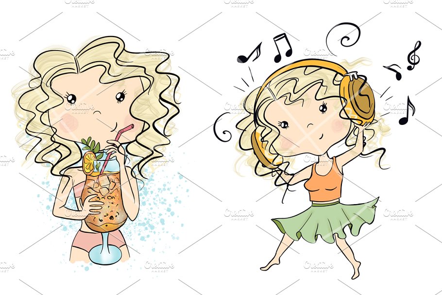 4组夏日少女剪贴画 Collection of 4 Sets Girls Summer插图(4)