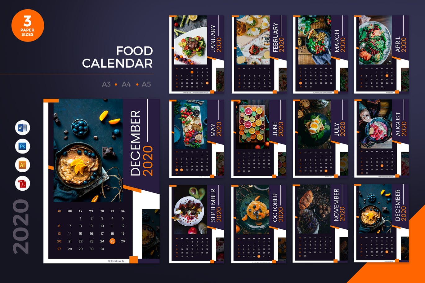 餐厅日历定制设计2020年日历表设计模板 Food Restaurant 2020 Calendar – AI, DOC, PSD插图