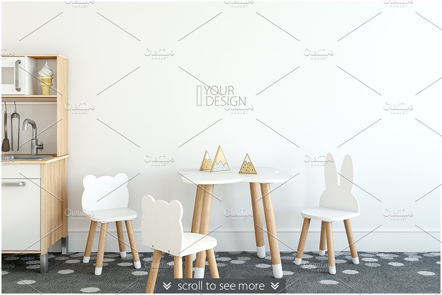 儿童卧室书房墙纸&相框样机 KIDS Interior WALL & FRAMES Mockup 3插图(1)