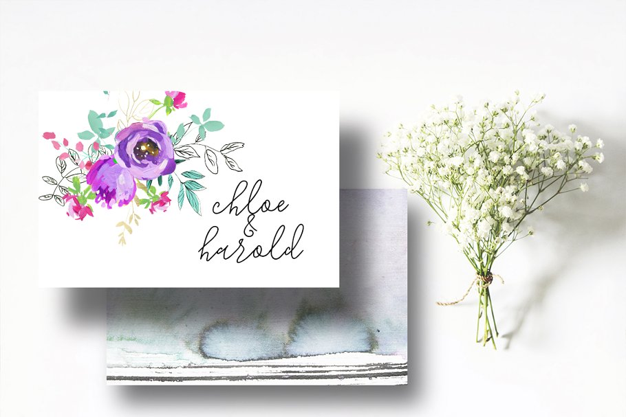 薄荷和紫色水彩花卉 Mint and Purple Watercolor Flowers插图(7)