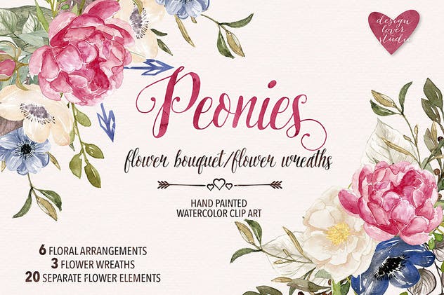 牡丹花环/花束水彩手绘插画剪贴画素材 Watercolor Peonies wreaths/bouquets插图(1)