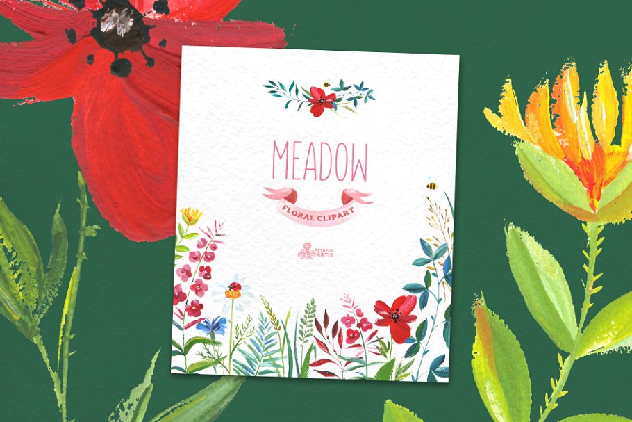 牧场花卉小草水彩手绘剪贴画 Meadow. Floral clipart插图(2)