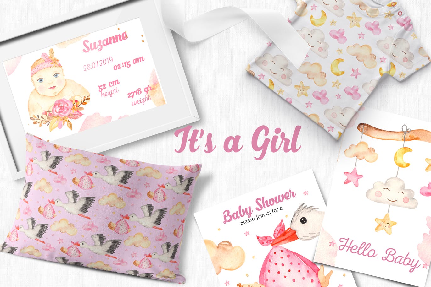 女新生儿婴儿水彩手绘矢量剪贴画/卡片/无缝图案背景素材 It’s a girl watercolor clipart, cards, patterns插图(8)