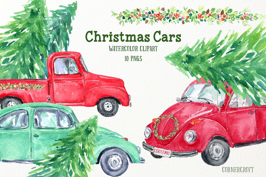 圣诞节主题汽车水彩剪切画 Watercolour Christmas Cars插图
