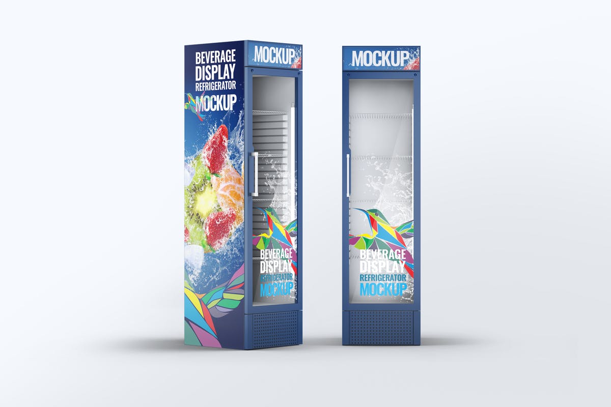 零售柜式冰箱外观广告设计效果图样机素材库精选模板 Beverage Display Refrigerator Mock-Up插图