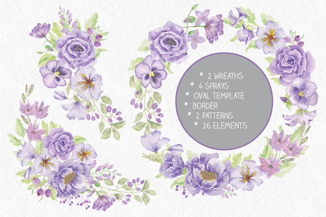 紫色水彩手绘花卉图案剪贴画PNG素材套装 Purple Passion: Watercolor Clip Art Bundle插图(1)