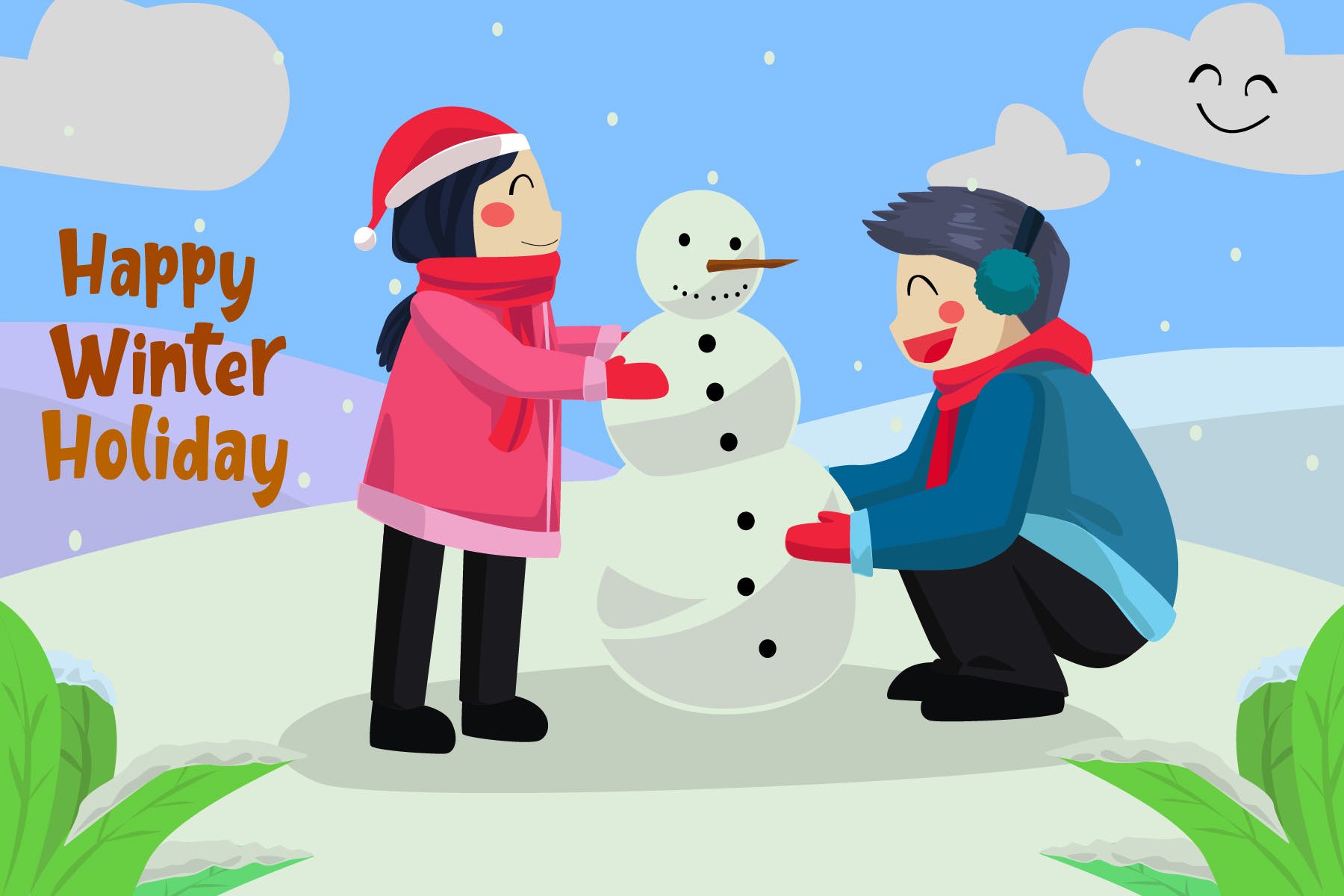 堆雪人场景圣诞节主题矢量插画素材 Happy Winter Holiday – Vector Illustration插图